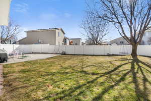 Fenced backyard featuring a patio and a residential view