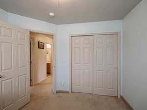 Unfurnished bedroom featuring a textured ceiling, light carpet, and a closet