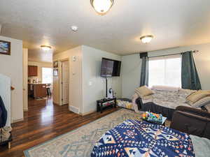 Living room with dark wood-style floors and a textured ceiling