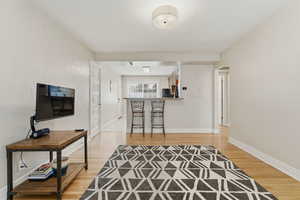 Living area featuring light wood-type flooring and electric panel