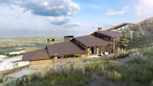 Back of house with a chimney, a patio area, stone siding, a standing seam roof, and an attached garage
