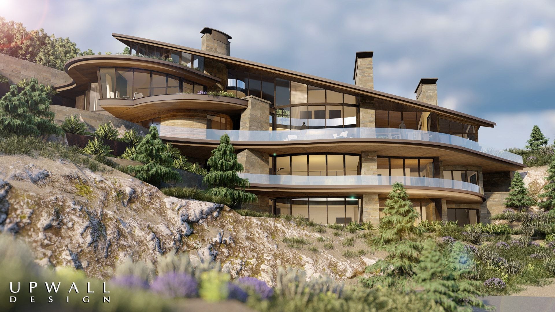 Multi-level contemporary residence featuring stone and wood-finish exterior, multiple curved balconies with glass railings, expansive floor-to-ceiling windows, and integrated chimneys