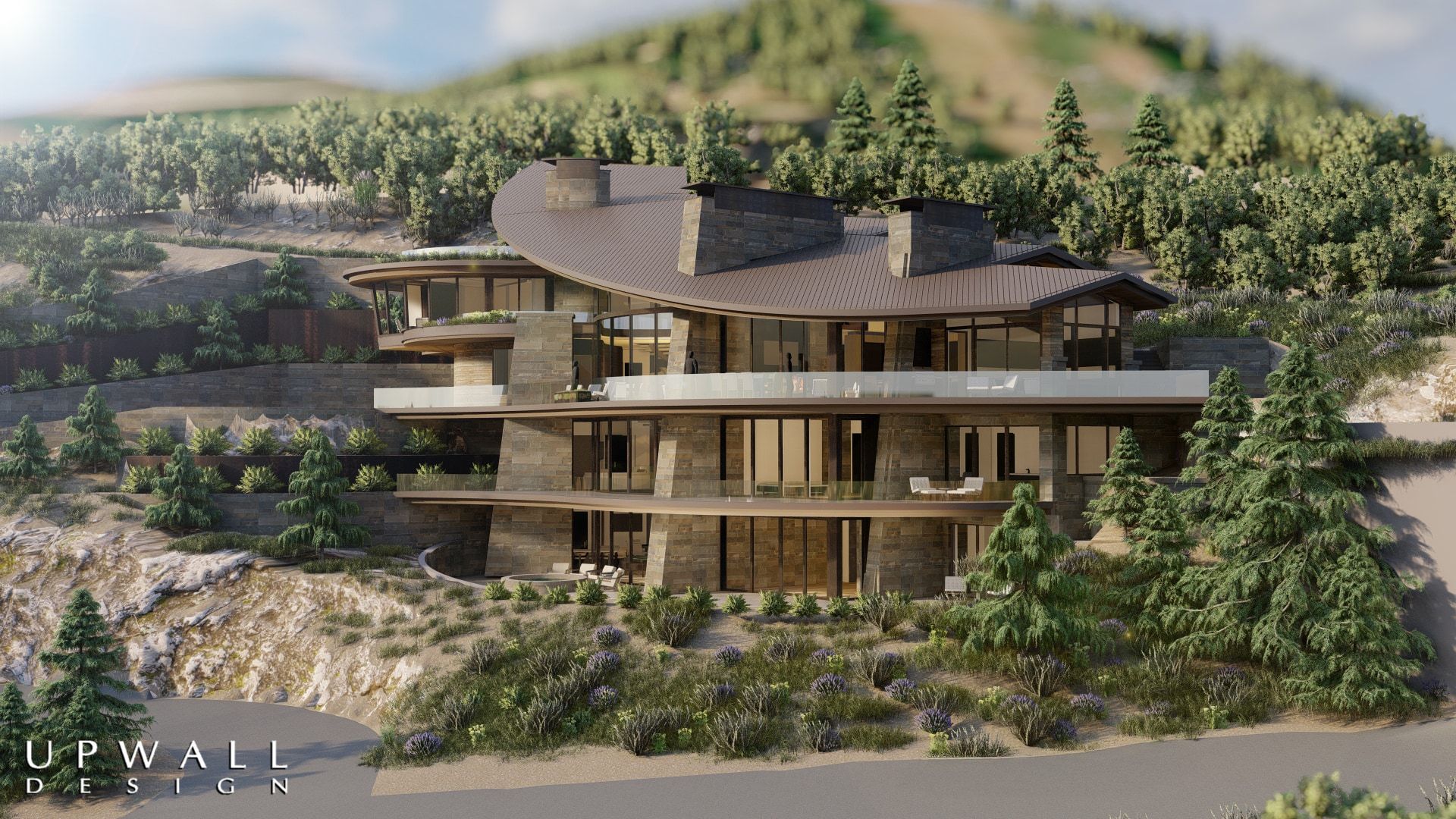 Hillside residence featuring multiple levels of stone and glass construction