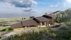 Rear view of property featuring a patio, a chimney, stone siding, and a standing seam roof