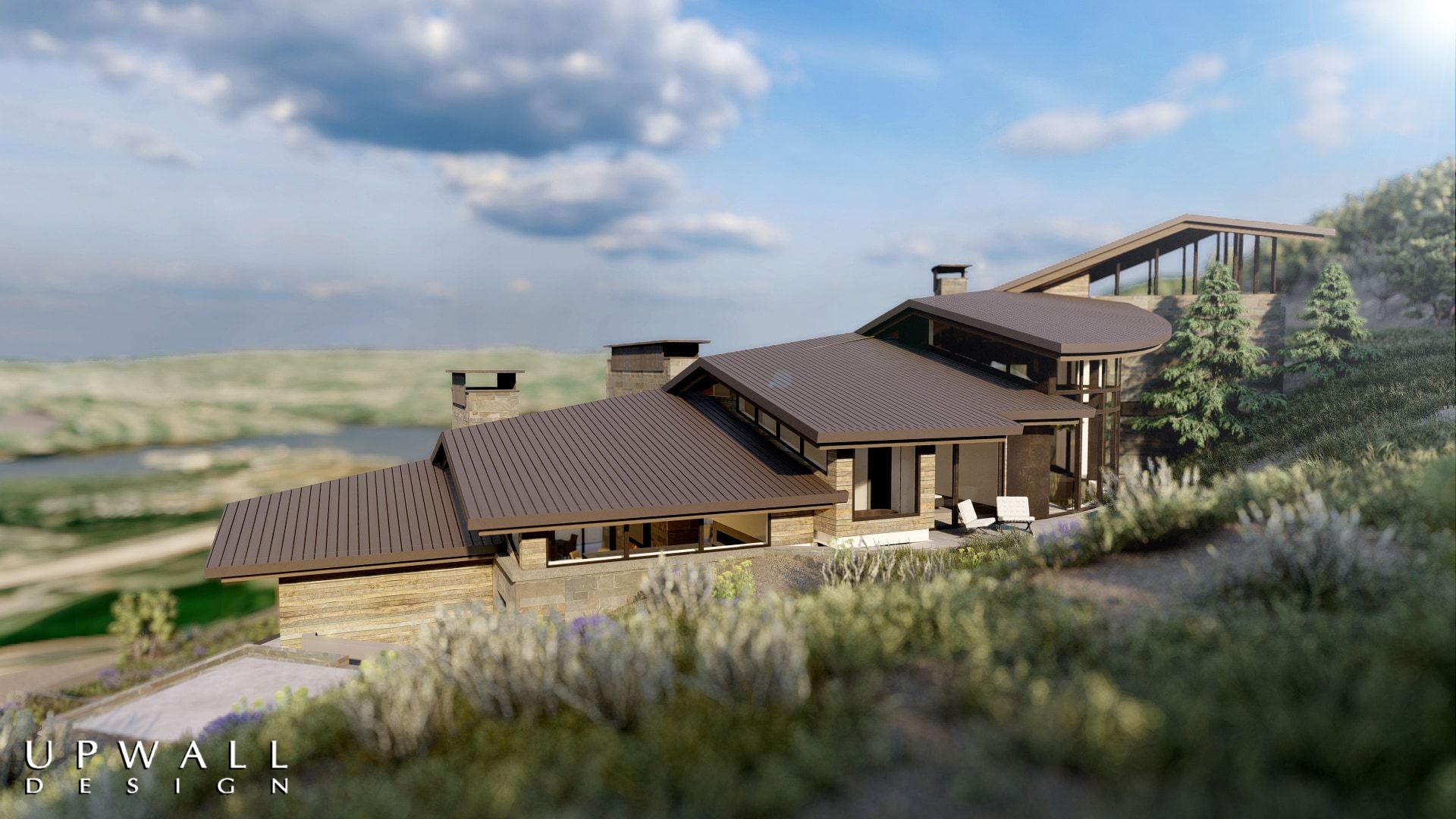Contemporary architectural design featuring a metal roof and stone exterior