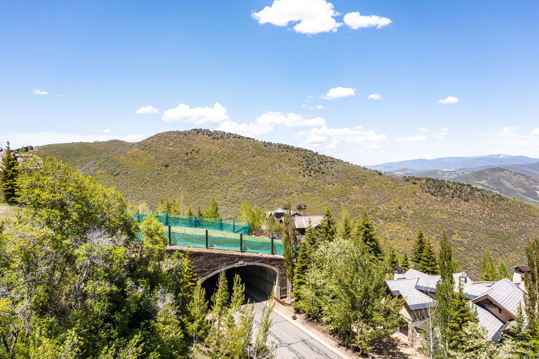 Landscaped property featuring a stone archway, elevated green fencing, and mature trees