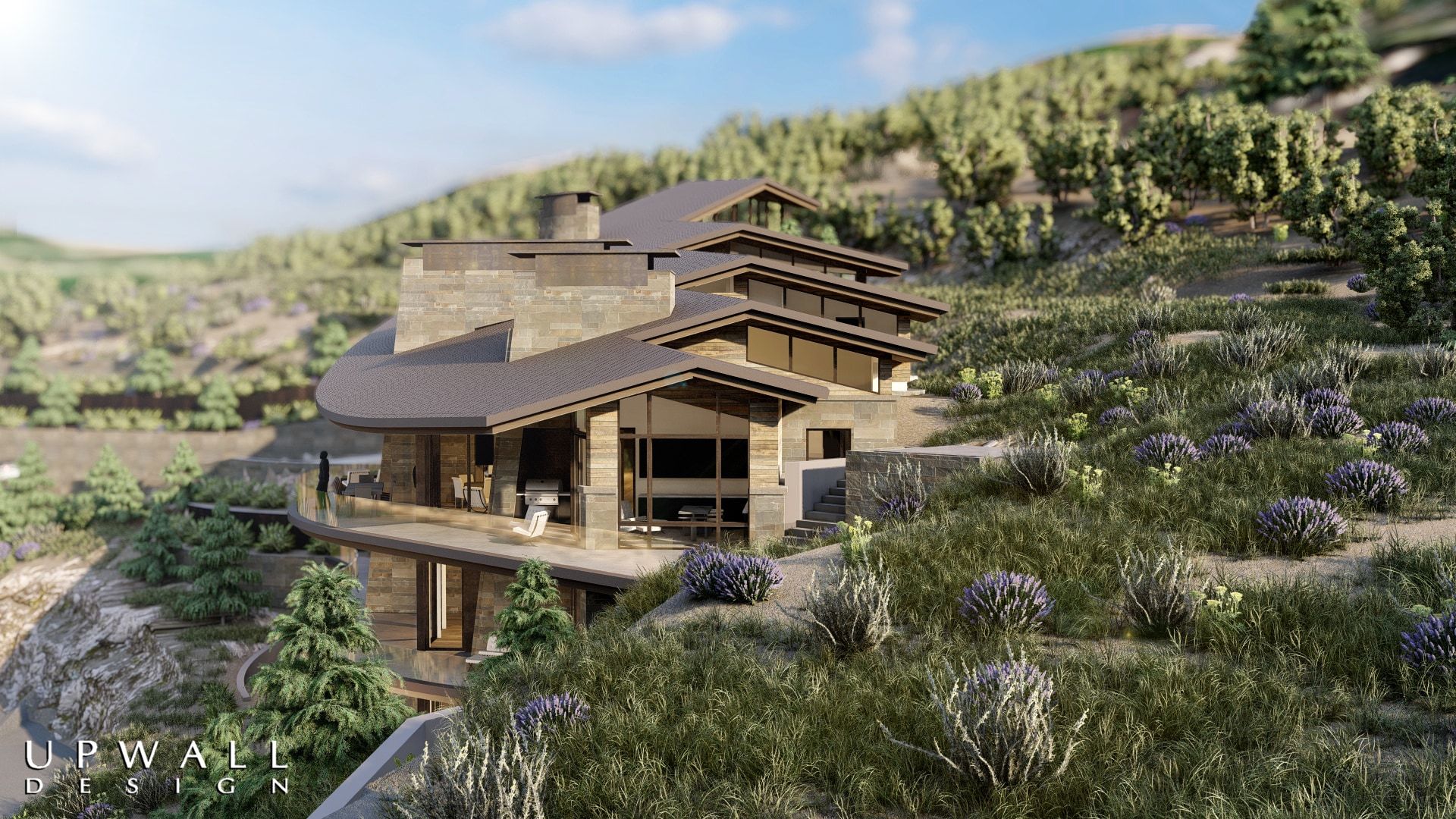 Contemporary multi-level residence featuring stone and wood-tone cladding, extensive glazing, and a cantilevered deck with a glass railing