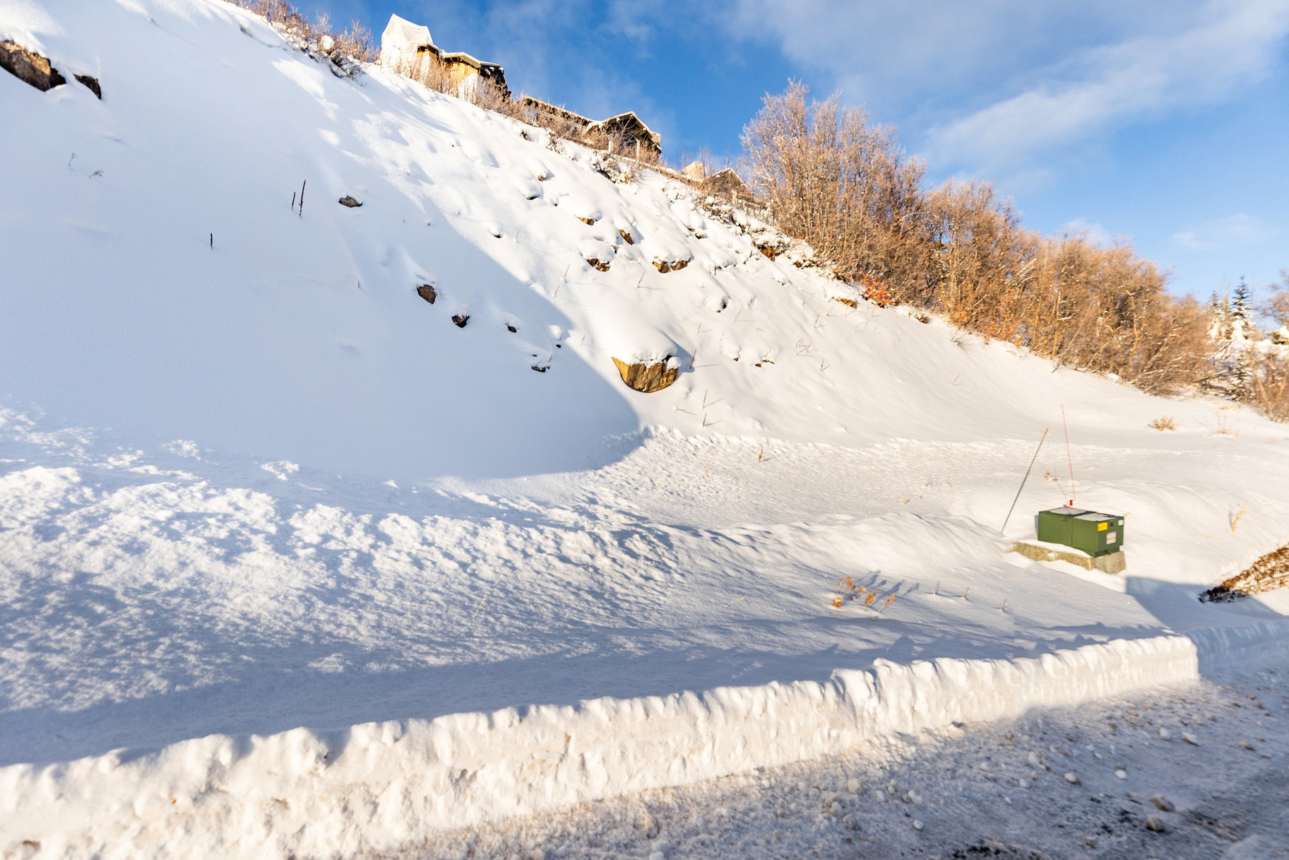 Snow-covered terrain with a prominent slope, mature deciduous trees, and a visible utility box