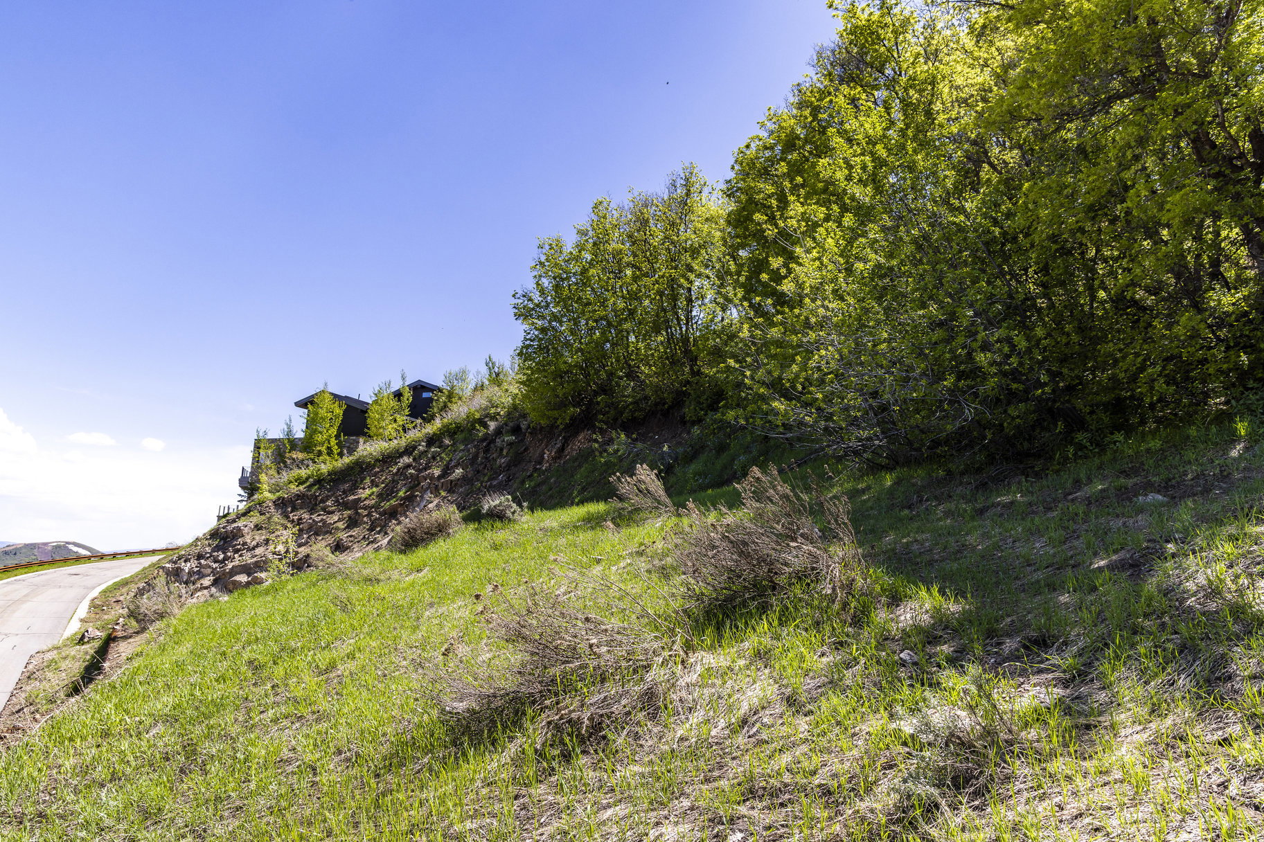 Hillside property featuring a multi-level structure with dark siding and natural landscaping