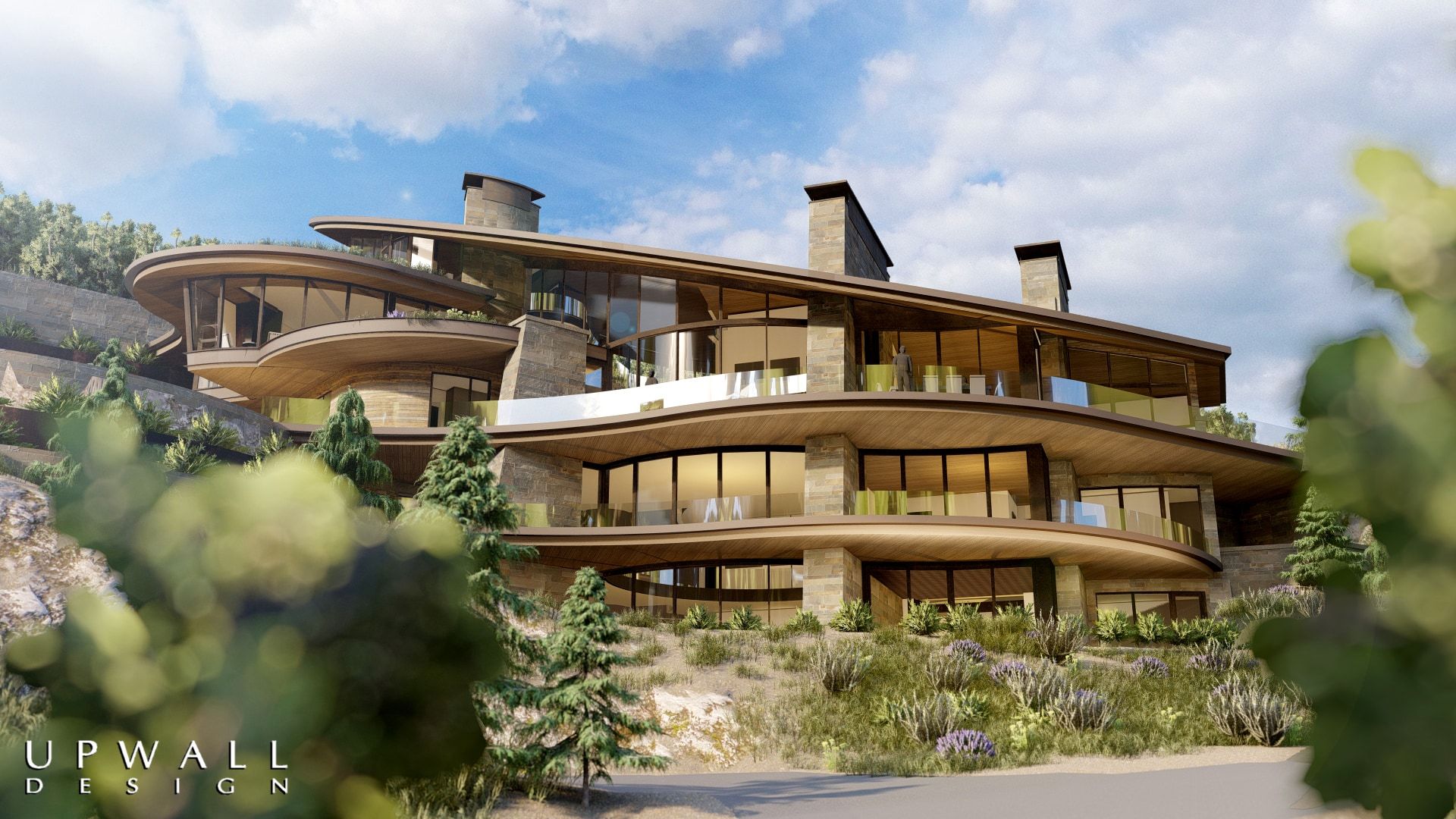Hillside residence featuring multiple levels of curved balconies