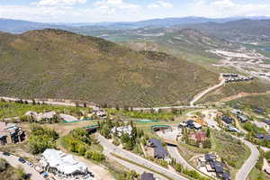 Aerial view of residential area with mountains
