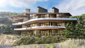 Back of house with stone siding and a chimney