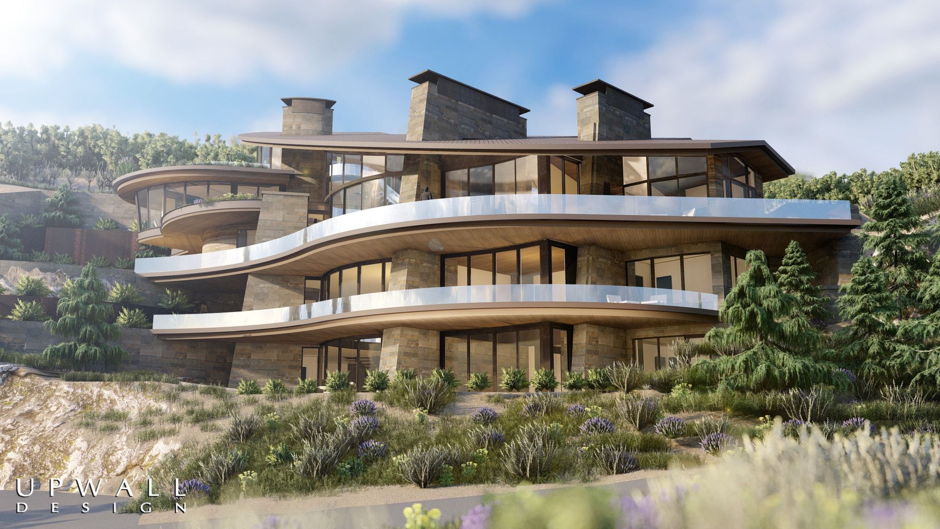 Contemporary multi-level residence featuring expansive curved balconies with glass railings