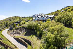 Drone / aerial view of a mountainous background