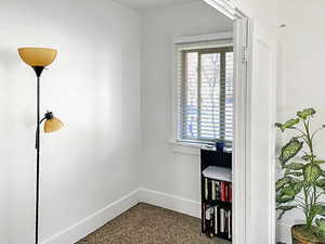 Detailed view of baseboards and speckled floor