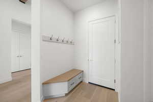 Mudroom with light wood-style flooring