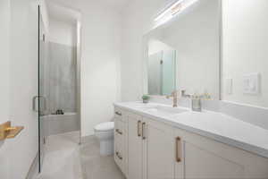 Full bathroom with vanity and a shower stall