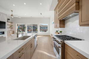 Dual tone kitchen with stainless steel appliances, light wood-type flooring, ceiling fan, a premium fireplace, and backsplash
