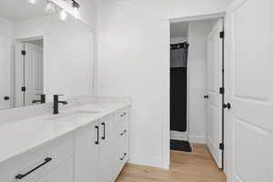 Full bathroom featuring vanity, light wood finished floors, and a shower with shower curtain
