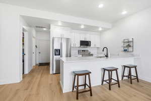 Kitchen with a kitchen breakfast bar, white cabinetry, stainless steel appliances, a peninsula, and light wood finished floors