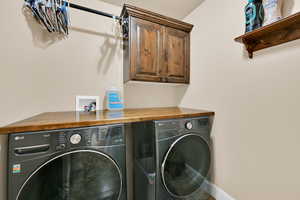 Laundry room featuring cabinet space and washing machine and clothes dryer