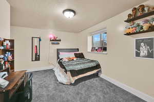 Bedroom with carpet floors and a textured ceiling