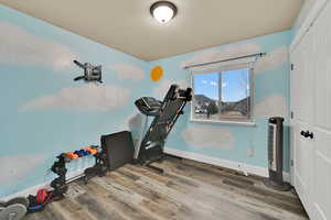 Exercise room featuring wood finished floors and baseboards