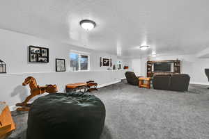 Carpeted living room with a textured ceiling and baseboards