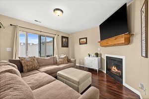 Living area with dark wood-type flooring and a glass covered fireplace