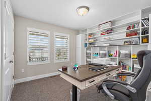 Home office with baseboards and carpet flooring