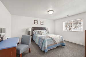 Carpeted bedroom featuring baseboards and a textured ceiling