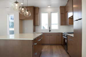 Kitchen with a center island, stainless steel gas stove, light wood finished floors, wood finish cabinetry, and pendant lighting