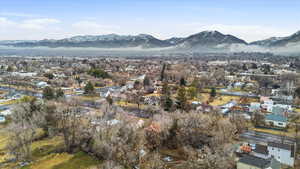 Aerial perspective of suburban area featuring mountains