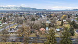 Aerial perspective of suburban area featuring mountains