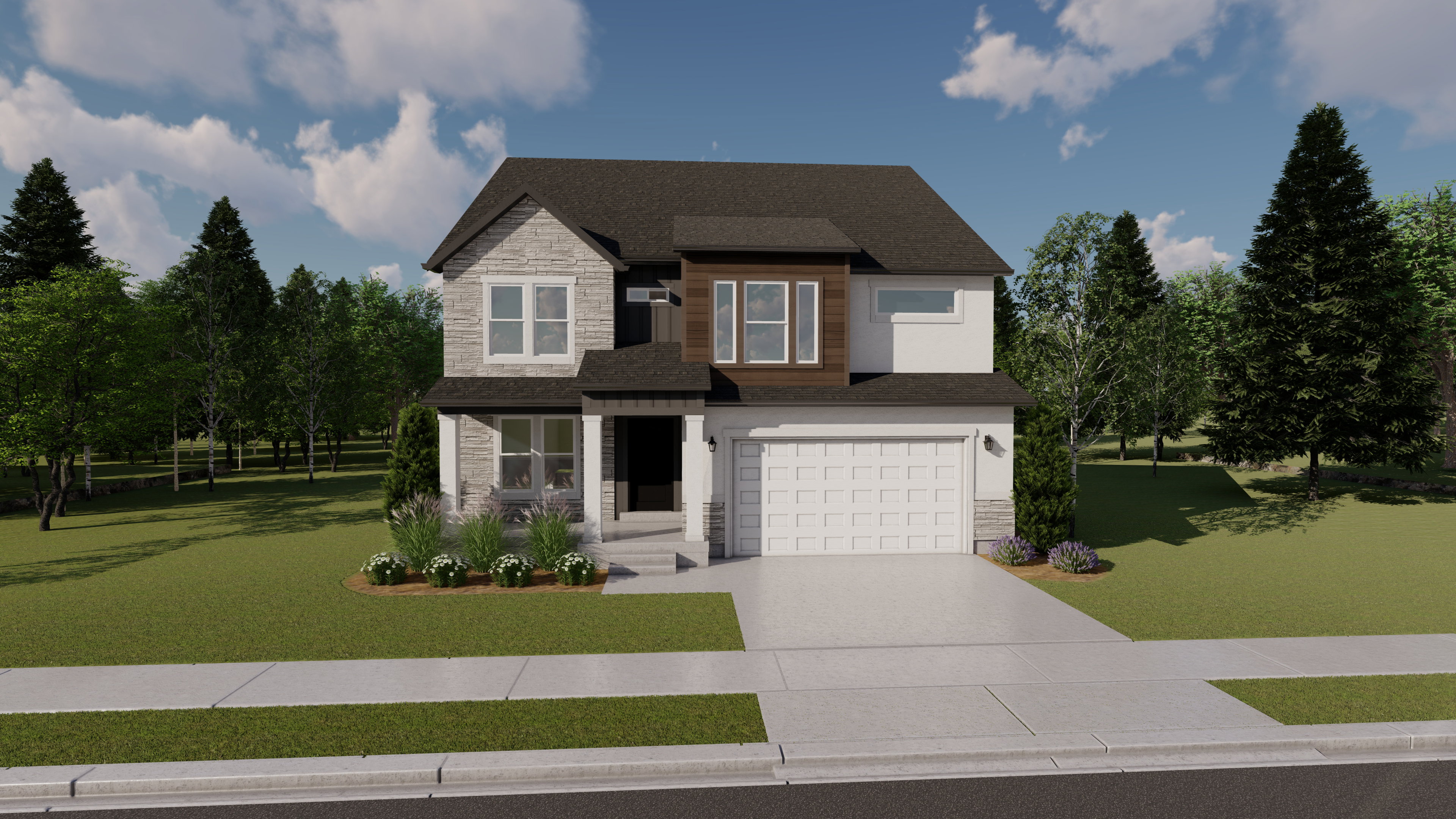View of front of house with stone siding, a front yard, concrete driveway, and an attached garage