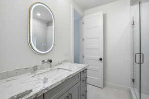 Bathroom with vanity and a stall shower