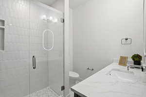 Bathroom featuring a stall shower and vanity