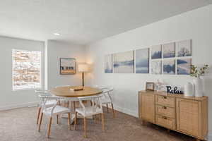 Dining room featuring light carpet and a textured ceiling