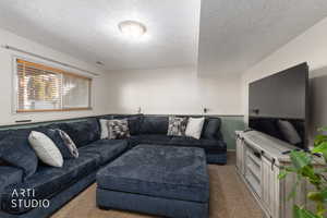 Living area featuring a textured ceiling and carpet floors