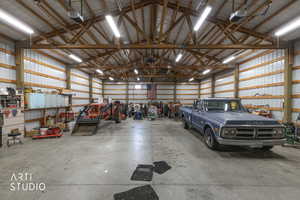 Garage with metal wall and a garage door opener