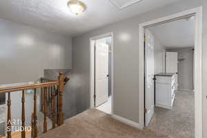 Hallway featuring light carpet, a textured ceiling, and an upstairs landing