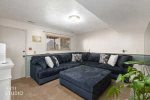 Carpeted living area with a textured ceiling