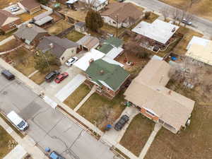 Aerial view of residential area and secluded yard.