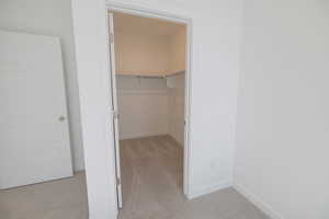 Walk in closet featuring light carpet