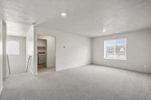 Empty room with light colored carpet, washer / dryer, and a textured ceiling
