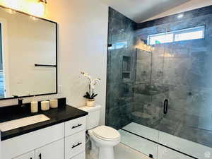 Full bath with vanity, a marble finish shower, and vaulted ceiling