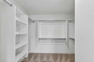 Walk in closet with light colored carpet