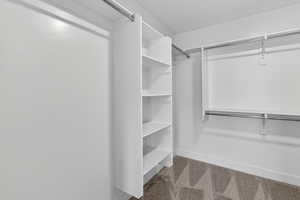 Walk in closet with light carpet