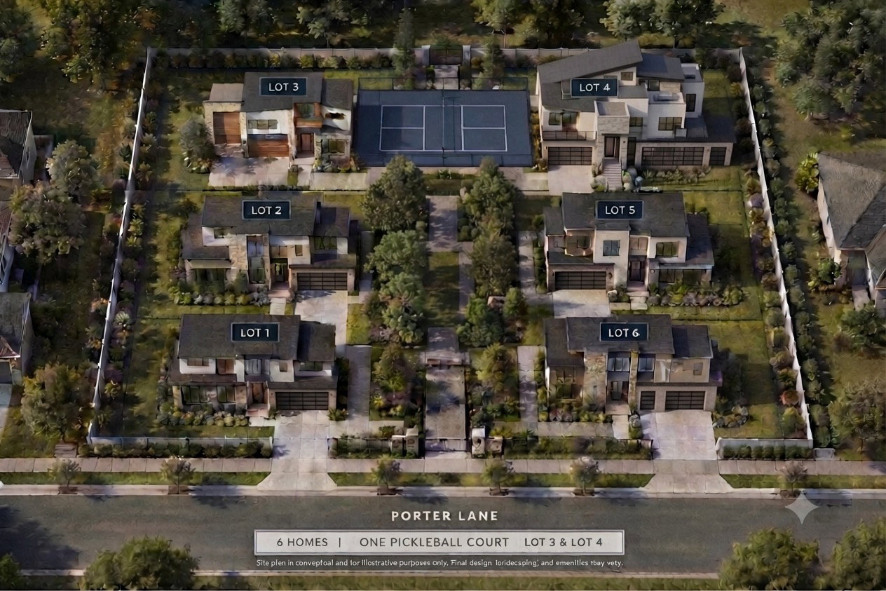 Site Plan, Conceptual Layout. Illustrating the arrangement of six properties and a recreational court within the property boundaries