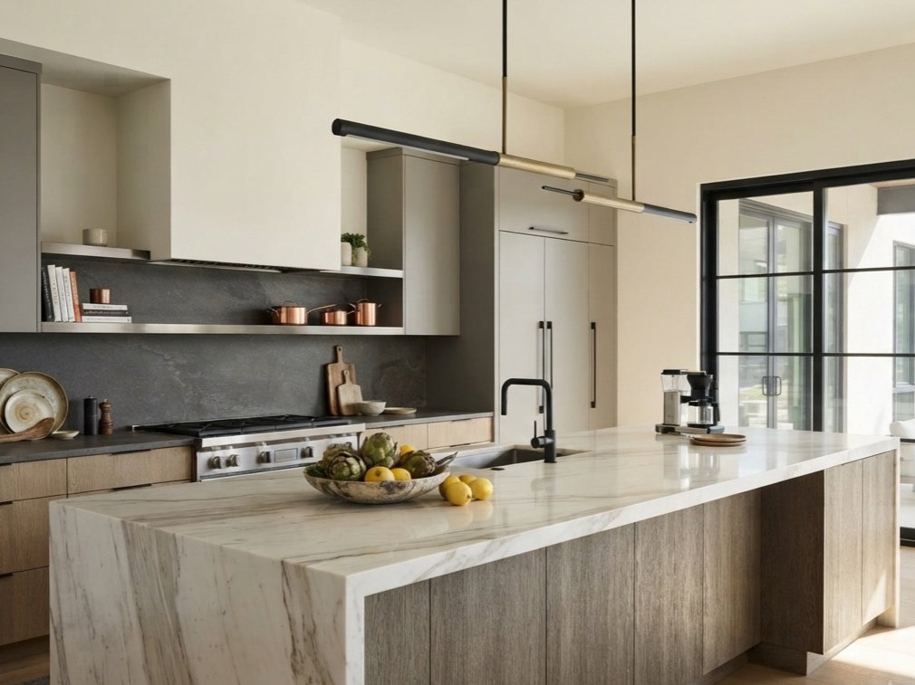Waterfall island countertop with integrated sink and matte black faucet